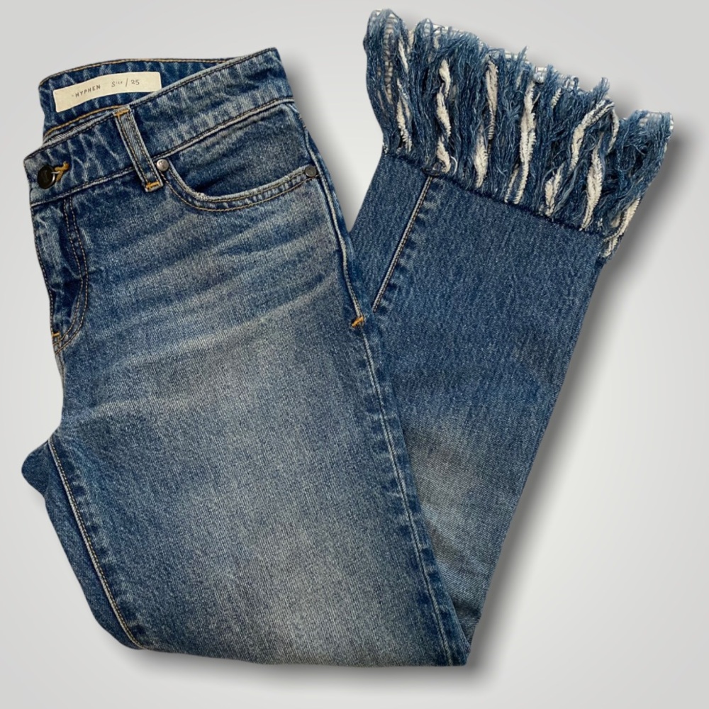 Anthropologie Blue Cropped Jeans with Fringe Hem